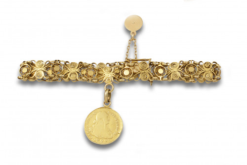 PULSERA FILIGRANA DE ORO CON MONEDA DE 2 ESCUDOS