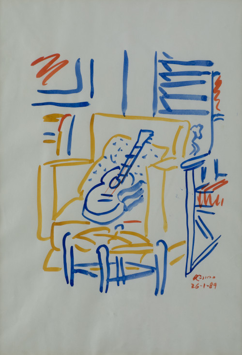 MANUEL QUEJIDO, "Interior con guitarra", 1989, Acuarela sob