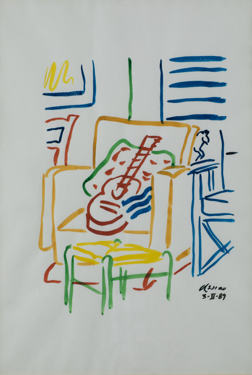 MANUEL QUEJIDO, "Interior con guitarra", 1989, Acuarela sob