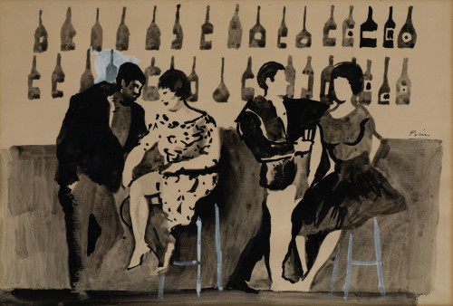 JOSÉ MARÍA PRIM GUYTO, "En la barra del bar", Tinta aguada 