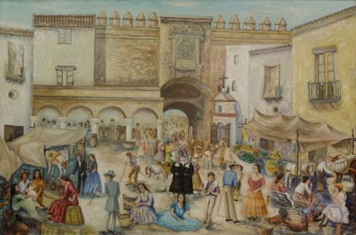 E.DIAZ , "Mercado en el Arco del Postigo, Sevilla", Óleo so