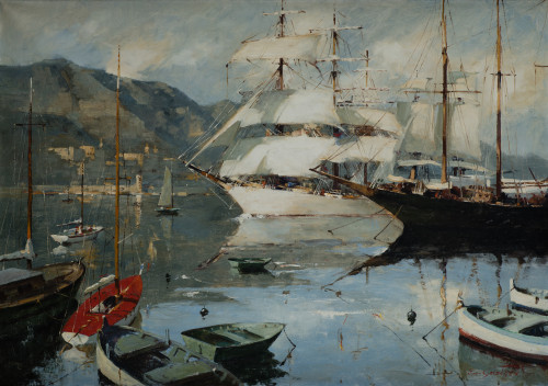 SIMON VAN GELDEREN , "Barcos en el puerto", Óleo sobre lien