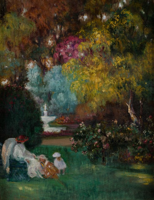 JOSÉ PINELO YAÑEZ, "Familia en el jardín", Óleo sobre lienzo