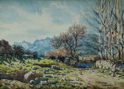 VICENTE PASTOR CALPENA, "Paisaje arbolado", Acuarela sobre