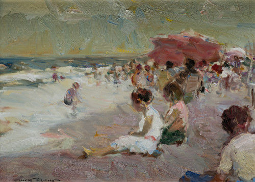 LUIS GINER BUENO, "Niños en la playa", Óleo sobre lienzo.