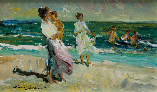 LUIS GINER BUENO, "Mujeres en la playa", Óleo sobre lienzo.