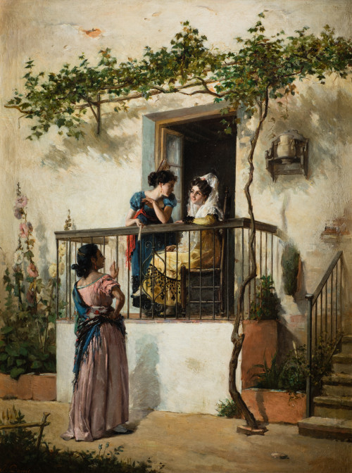 JOAQUIN DAMIS Y CORTES, "Mujeres conversando bajo el emparr