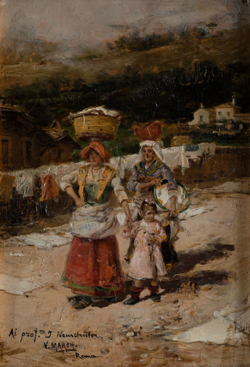 VICENTE  MARCH MARCO, "Lavanderas italianas", Óleo sobre ta