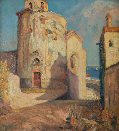 FRANCISCO GIMENO ARASA, "Paisaje con Iglesia", Óleo sobre t