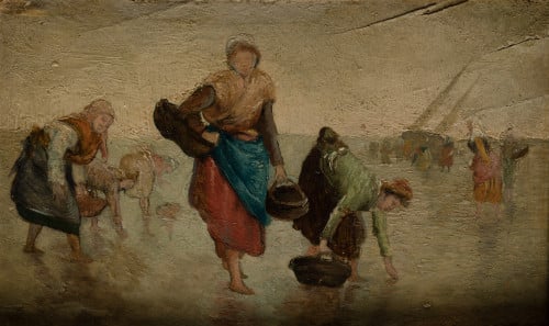 ANÓNIMO, "Recolectoras en la playa", Óleo sobre tabla