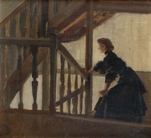 EMILIO SALA Y FRANCÉS, "Mujer en la escalera", Óleo sobre l