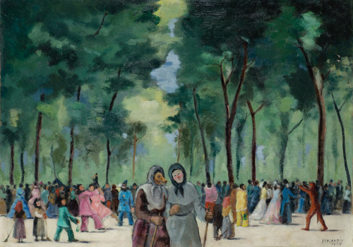 JUAN  ESPLANDIU, "Fiesta de máscaras en el parque", 1957, Ó