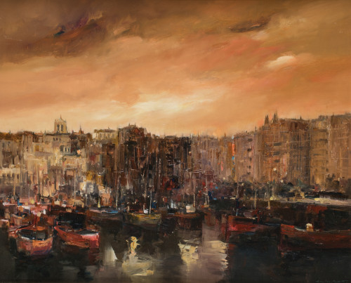 CARLOS PUENTE, "Ciudad con puerto", 1991, Óleo sobre lienzo.