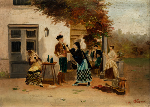 ESCUELA FRANCESA , "Galanteo andaluz", Óleo sobre tabla