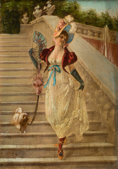 KARL GAMPENENRIEDER, "Dama en escalinata", Óleo sobre tabla