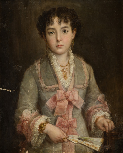 ANÓNIMO, "Retrato de niña con abanico", Óleo sobre lienzo