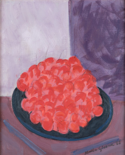 MARÍA  GIRONA, "Plato con cerezas", 1988, Óleo sobre lienzo