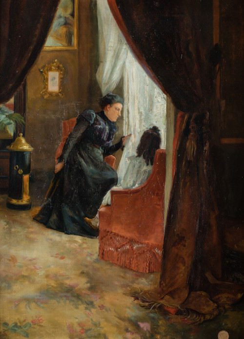 EMILIO SALA Y FRANCÉS, "Interior con dama", Óleo sobre lien