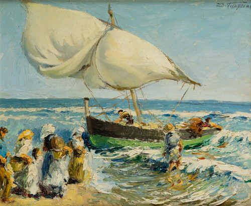 SALVADOR  VILAPLANA, "Pescadores en la orilla", Óleo sobre 