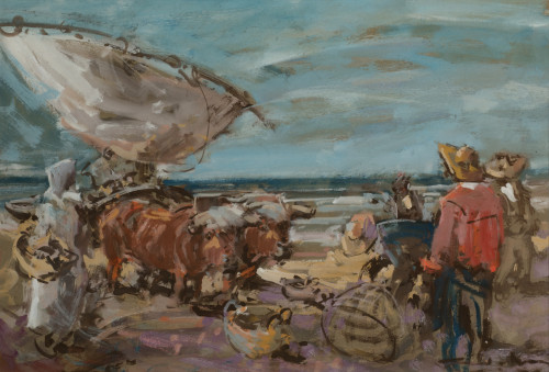 ÁNGEL GONZÁLEZ MARCOS, "Bueyes y pescadores en la playa", G