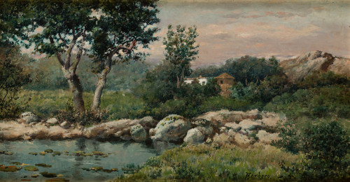 JOSÉ FRANCO CORDERO, "Paisaje con lago y casa"