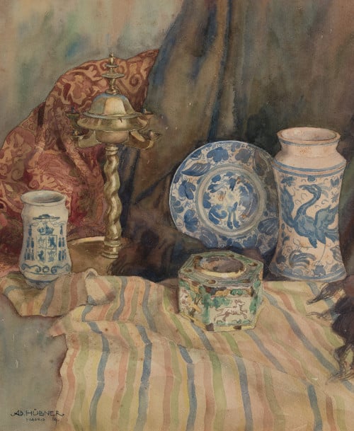 "Bodegón con cerámicas españolas", 1900, Watercolor on pape