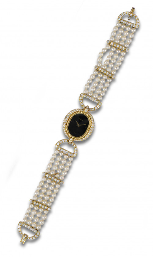 RELOJ DE PULSERA DELANEAU EN ORO, PERLITAS Y DIAMANTES