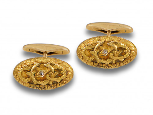 GEMELOS ART NOUVEAU DE ORO AMARILLO Y DIAMANTES