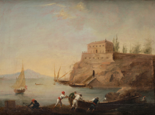 ESCUELA NAPOLITANA , "Pescadores napolitanos", Óleo sobre l