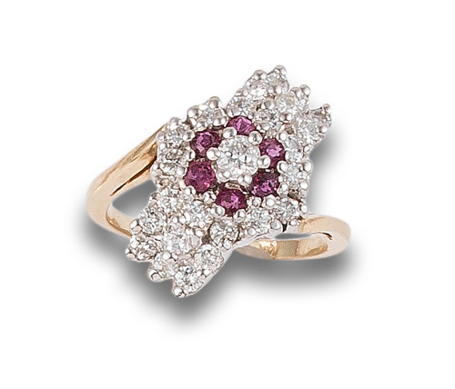 GOLD COCKTAIL RING WITH RUBIES AND DIAMONDS