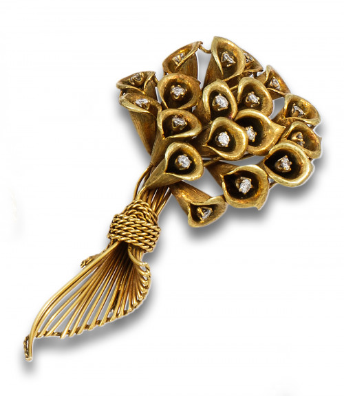 BROCHE RAMO DE CALAS, DE ORO Y DIAMANTES