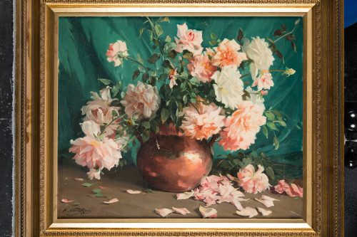 ALEJANDRO ALONSO ROCHI, "Jarrón con rosas", Óleo sobre lien