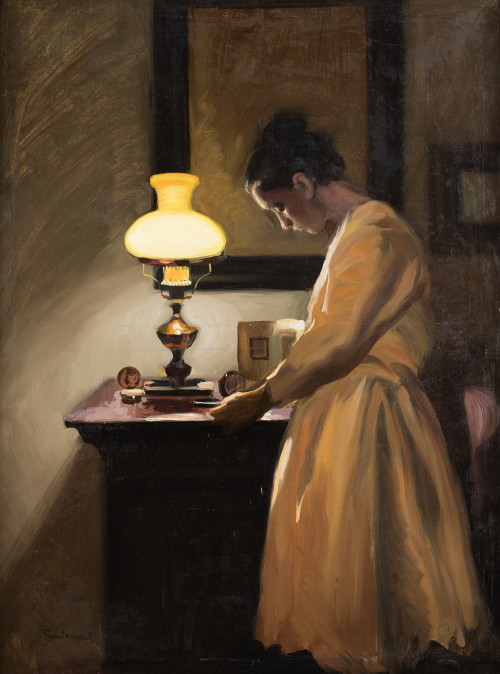 FELIPE SANTAMANS, "Mujer leyendo con la luz de un quinqué",