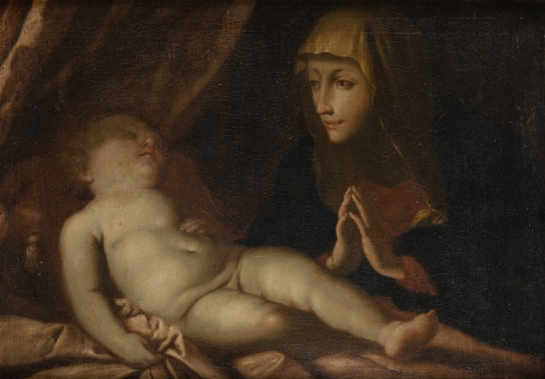 SEGUIDOR DE GUIDO RENI, "La Virgen adorando al Niño Jesús d