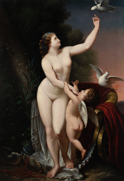 ESCUELA FRANCESA, "Venus y el Amor", Óleo sobre lienzo.