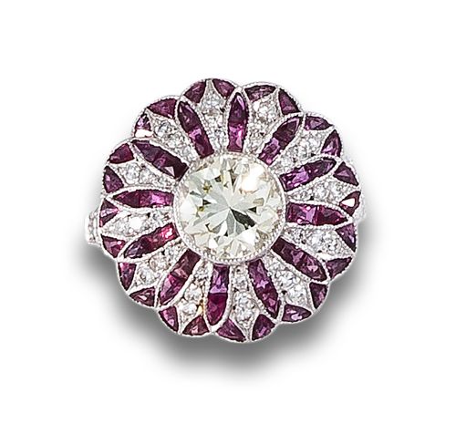 RING, ART DECO STYLE, WITH DIAMONDS, RUBIES, IN PLATINUM