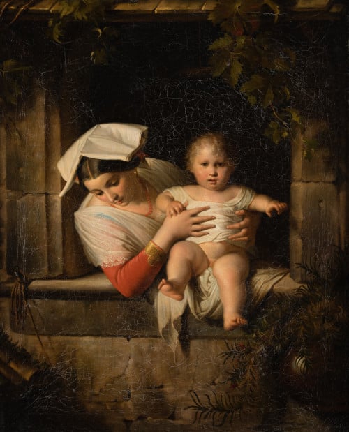 GIUSEPPE MAZZOLINI, "Madre e hijo", Óleo sobre lienzo