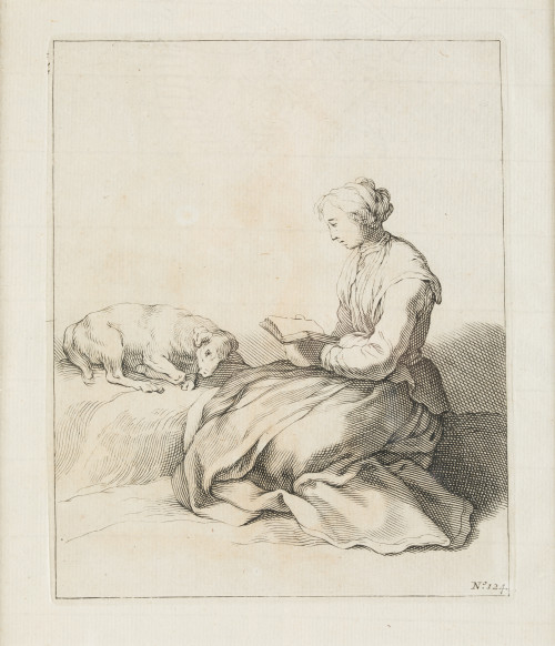 FREDERIK BLOEMAERT, "Mujer leyendo y perro dormitando", Gra