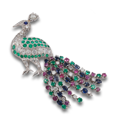 BROCHE PAVO REAL DE DIAMANTES, ESMERALDAS, ZAFIROS Y RUBÍES