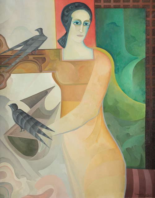 JOAN BROTAT, "Mujer con palomas", Óleo sobre lienzo