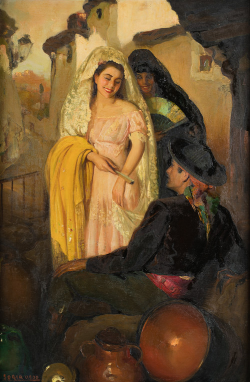 FRANCISCO SORIA AEDO, "Idilio en Granada", Óleo sobre lienz