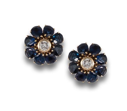 GOLD EARRINGS WITH DIAMONDS AND SAPPHIRES