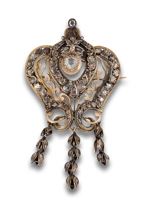 MID-19TH CENTURY DEVANT-DE-CORSAGE IN GOLD, SILVER AND DIAM