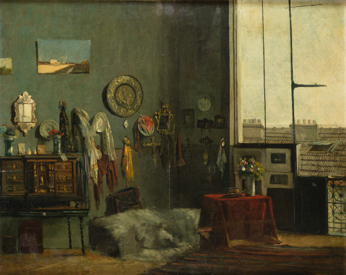 ESCUELA ESPAÑOLA, "Estudio de pintor" , Óleo sobre tabla