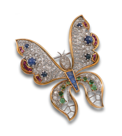 BROCHE MARIPOSA EN ORO CON DIAMANTES, ZAFIROS RUBÍES Y ESME