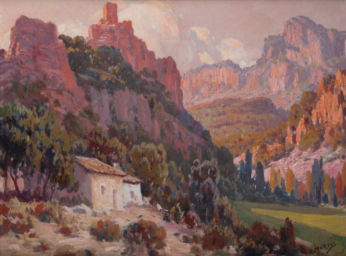 RUFINO MARTOS , "Paisaje con casa", Óleo sobre táblex