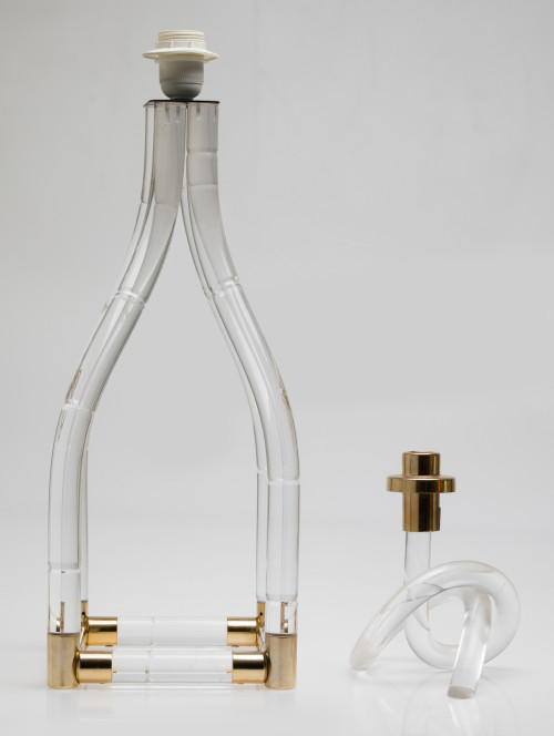 Gilded brass and methacrylate lamp and candlestick, Spain,