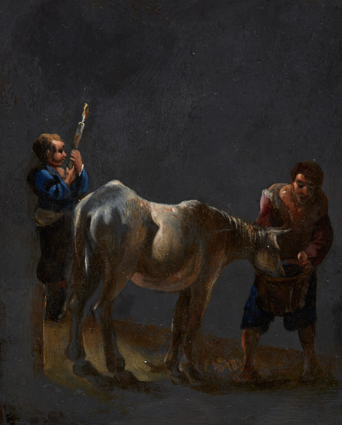 PIETRO PESCE, "Escena nocturna con figuras y caballo", Óleo