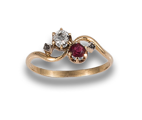 BYPASS DIAMOND AND SYNTHETIC RUBY RING, IN YELLOW GOLD