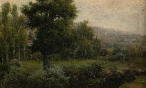 MANUEL SALCES, "Pueblo de Suano. Campoo", Óleo sobre lienzo.